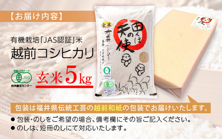 【中日賞受賞】 有機栽培 JAS認証 米 越前コシヒカリ 5kg 【玄米】【 こしひかり 5キロ 田んぼの天使 】 [e10-b006]