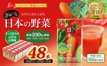 ＜ R8年熊本地震復興支援 ＞【4ヶ月毎2回定期便】【野菜飲料初！ジャパンフードセレクション グランプリ受賞】 ジューシー 野菜ジュース ぎゅっと日本の野菜 100％ 125ml×24本 ジュース 紙パック 国産