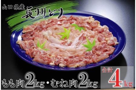 合計4kg 山口県産 長州どり 精肉 もも肉・むね肉セット 大容量 大量 唐揚げ 地鶏 平飼い 鶏 安心 安全 山口県産 アレンジ料理 大人気  (1243)