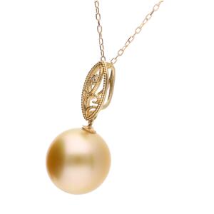 【澪標】無調色 一粒 ゴールデンパール（白蝶真珠） 10mm ダイヤモンド K18YG ペンダント ネックレス