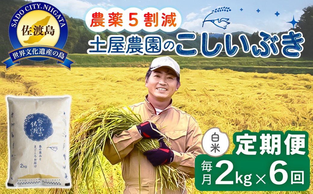 
                  【6か月定期便 こしいぶき】佐渡島産こしいぶき 白米 合計12kg（2kg×毎月お届け全6回）令和8年産 新米 農薬・化学肥料5割減 | 新潟県産こしいぶき 新潟産こしいぶき 佐渡産こしいぶき こしいぶき コシイブキ お米 米 白米 精米 ブランド米 おこめ コメ 2キロ 少量 にいがた さど 新潟県 佐渡市
                