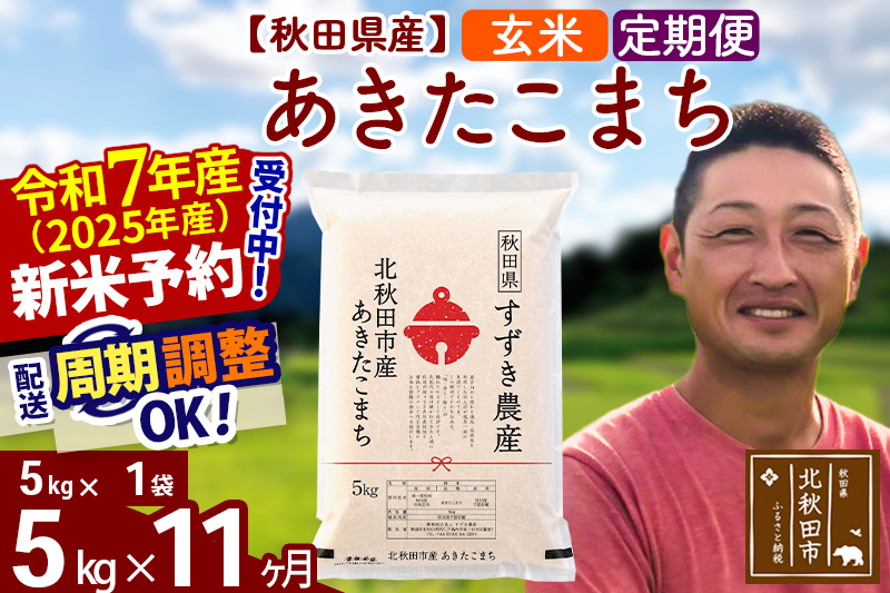 ※令和7年産 新米予約※《定期便11ヶ月》秋田県産 あきたこまち 5kg【玄米】(5kg小分け袋) 2025年産 お届け周期調整可能 隔月に調整OK お米 すずき農産