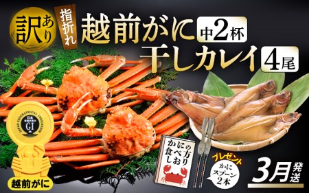 「訳あり 指折れ 越前がに（中）2杯」+ 「干しカレイ 4尾」【3月発送分】 食べ方しおり かにスプーン付き【雄 ズワイガニ ずわいがに 越前ガニ 姿 ボイル 冷蔵 福井県】希望日指定可 備考欄に希望日をご記入ください [e15-x006_03]