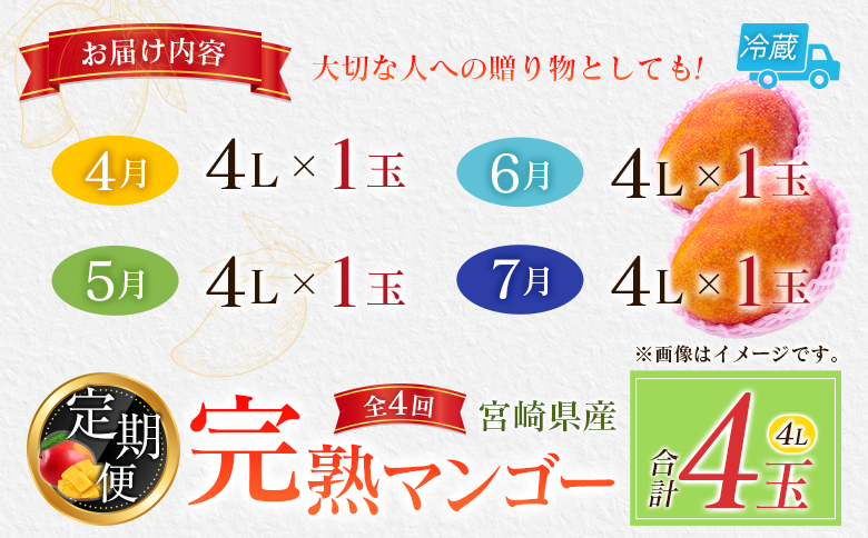 宮崎特産「完熟マンゴー4L×1玉」お届け定期便（全4回）計4玉 特産 国産 果物 フルーツ 旬 産地直送 大玉【E221-26】