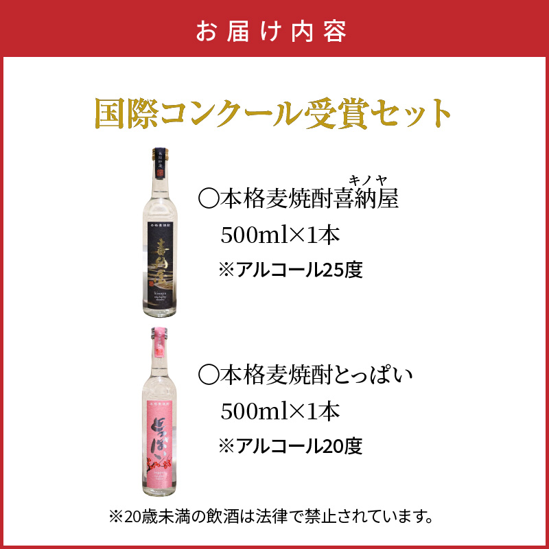 国際コンクール受賞セット　本格麦焼酎喜納屋500ml＆本格麦焼酎とっぱい500ml_1662R-1
