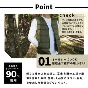 ダウン 高品質 ダウンベスト（薄手）880フィルパワー メンズ 日本製 Mind 羽毛 Mサイズ オリーブ ダウンベスト