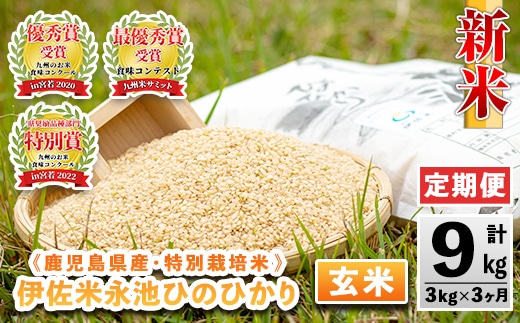 
										
										isa536 【定期便】令和6年産 新米 特別栽培米 永池ひのひかり玄米(計9kg・3kg×3ヶ月) 鹿児島 永池 お米 米 玄米 伊佐米 九州米サミット 食味コンテスト 最優秀賞受賞 ヒノヒカリ【エコファーム永池】
									