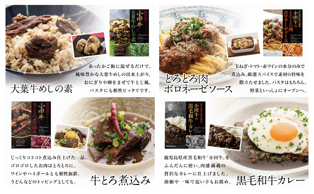 【訳あり】鹿児島県産黒毛和牛「小田牛」 のレトルト4種 期間・数量限定 常温保存 簡単調理 電子レンジ 黒毛和牛 小田畜産 南さつま市