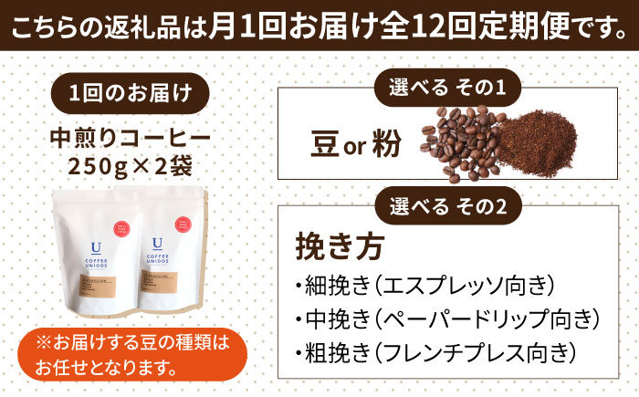 【全12回定期便】種類 おまかせ 中煎り コーヒー 定期便 【選べる豆or粉】 糸島市 / COFFEE UNIDOS  珈琲 [AQF017]