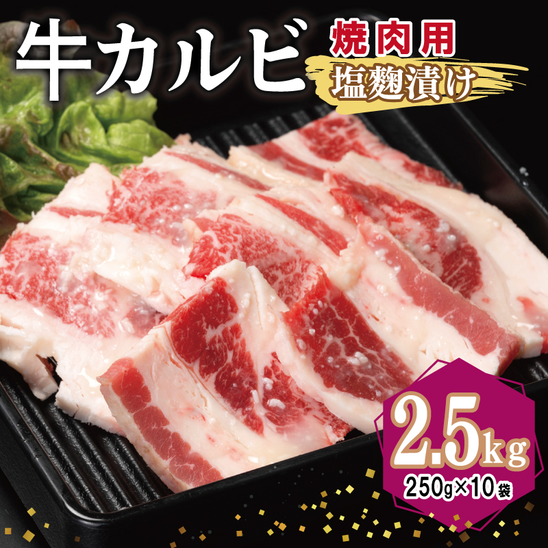 牛カルビ 焼肉用 塩麹漬け 合計2.5kg【味付け 小分け 焼くだけ 簡単調理 BBQ 牛肉 250g×10袋】 G3397