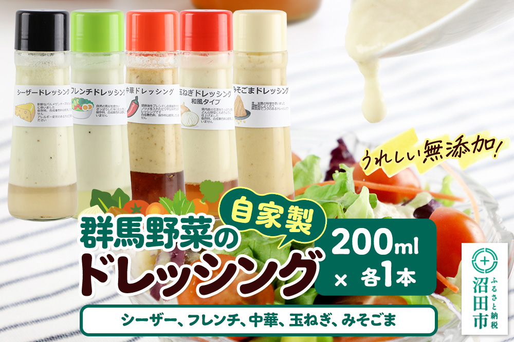 自家製・群馬産野菜で手作りドレッシング（シーザー,フレンチ,中華,玉ねぎ,みそごま）200ml×各1本 泙川食品