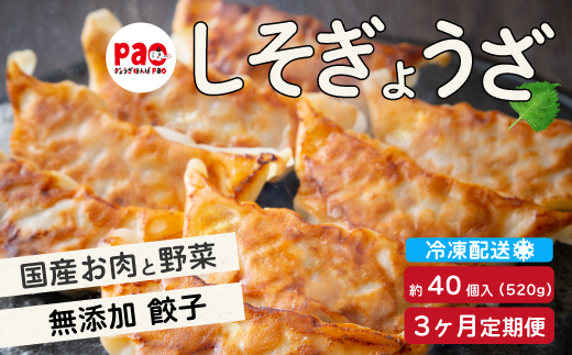 
                  【3か月定期便】paoの無添加餃子「しそぎょうざ」520g(約40個) 全3回お届け 餃子 ギョーザ 惣菜 冷凍 中華 点心 おかず おつまみ 国産野菜 しそ風味 科学調味料不使用 食品添加物不使用 058018
                