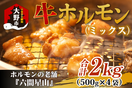 ホルモンの老舗 六間星山の牛ホルモン（ミックス）2kg（500ｇ×4袋）[A-026008]
