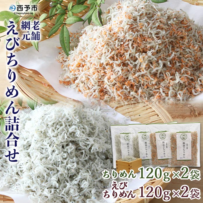 ＜老舗網元 えびちりめん詰め合わせ 計480g(ちりめん120g×2袋 えびちりめん120g×2袋)＞ かたくちいわし カタクチイワシ 小魚 のし対応可 お祝い 贈答 カルシウム 乾物 小分け 国産 マルヨシ水産 特産品 愛媛県 西予市【冷蔵】『1か月以内に順次出荷予定』