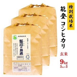 【令和6年産】能登のコシヒカリ　飯川のお米　9kg(玄米3kg×3袋)【1086154】