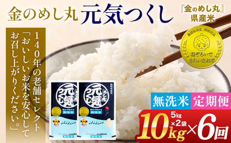 【無洗米】 令和8年産 金のめし丸 元気つくし 合計60kg 10kg (5kg×2袋) ×6回 定期便 白米 精米 お米