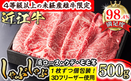 
【森三商会】4等級以上の未経産雌牛限定　近江牛上しゃぶしゃぶ500g（モモ・肩ロース・ウデ等）【リピート多数】【頑張った方へのご褒美を贅沢に】【畜産農家支援】(近江牛 しゃぶしゃぶ 牛肉 国産 ブランド 和牛 絶品 高級 高品質 最高品質 極上 特選 大人気 ギフト リピート リピーター おすすめ ランキング 限定 高評価 黒毛和牛 日本三大和牛 ふるさと納税 オススメ 贈答 ) 【GM08SM】
