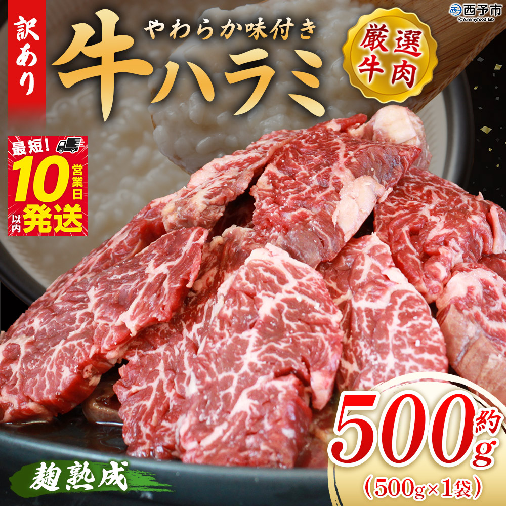＜麹熟成で旨み引き立つ！やわらか味付き 牛ハラミ 約500g（500g×1）＞ 訳あり はらみ ハラミ 赤身 大容量 牛肉 お肉 焼肉 BBQ 味付き 麹 コスパ 塩味 レシピ 丼 献立 惣菜 おかず 簡単 グルメ 株式会社丸和 愛媛県 西予市【冷凍】『最短10営業日以内に順次出荷』