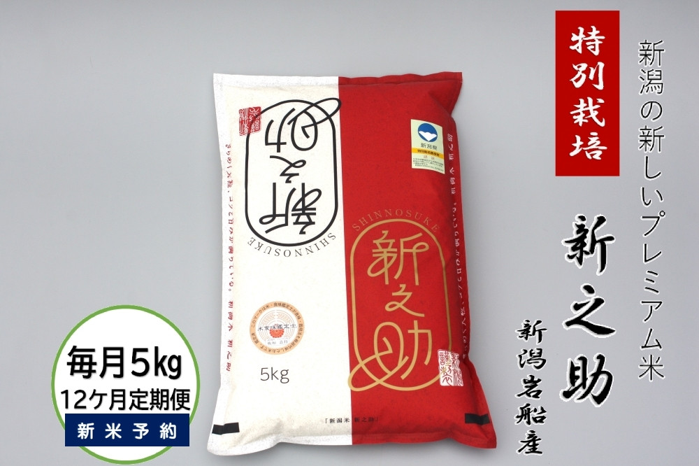 
                  【新米受付・令和8年産米】【12ヶ月定期便】食味鑑定士板垣謹製 新潟県村上市岩船産 特別栽培 新之助 5kg×12ヶ月 1039055N ｜ 連続 毎月 お届け 新耕農産 一等米 プレミアム米 農家直送 低温倉庫保管
                