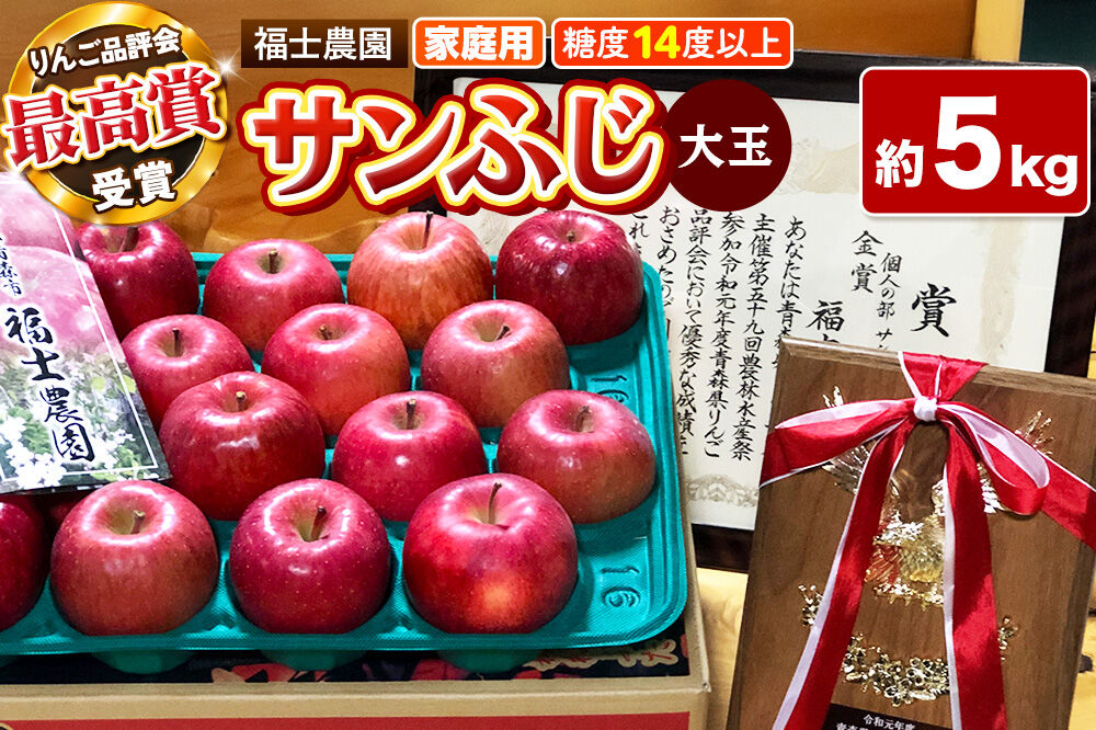 【26年11月〜発送】りんご サンふじ【家庭用】大玉 約5kg【りんご品評会最高賞】糖度14度以上保証 青森県 弘前市 [青森県産 産地直送 大きい 高糖度 甘い アップル おいしい 果実 果物 赤色 美味]
