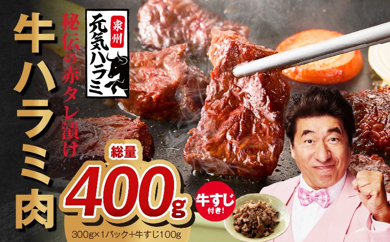 G1759 【お試し】牛ハラミ 300g+牛すじ 100g【お試し 秘伝の赤タレ漬け 牛肉 焼肉用 焼くだけ はらみ 小分け BBQ やきにく 肉厚 高評価 訳あり サイズ不揃い】