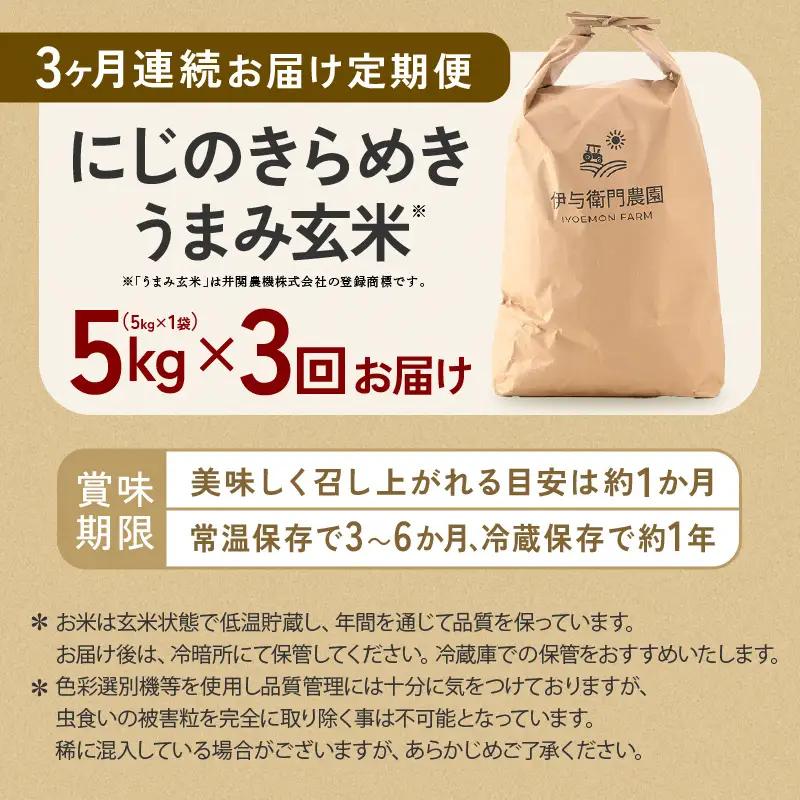 【先行予約】【令和8年産】 定期便 ≪3ヶ月連続お届け≫ にじのきらめき うまみ玄米 5kg×3回 ／ 鮮度抜群 15キロ 福井県あわら産 玄米 お米 ※2026年10月上旬より順次発送 [aw071