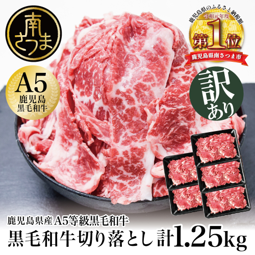 【訳あり】鹿児島県産 A5等級黒毛和牛切落し 計1.25kg（250g×5P） 国産牛 牛肉 国産 おかず カレー 牛丼 肉じゃが カミチク 切り落とし 小分けパック 冷凍