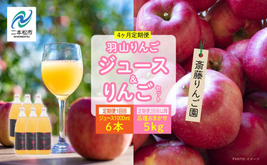 
            【4ヶ月定期便】品種おまかせ！羽山のりんごジュース6本と羽山りんご5kg×3回 りんご リンゴ りんごジュース リンゴジュース 果物 フルーツ 羽山りんご 5kg 早生 人気 くだもの 定期便 おすすめ お中元 お歳暮 ギフト 二本松市 ふくしま 福島県 送料無料【斎藤りんご園】
          