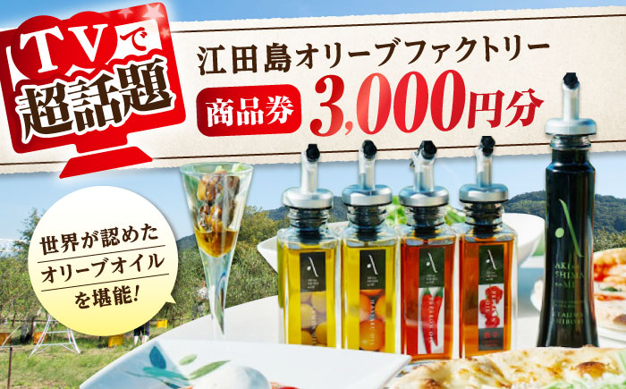 
            『江田島オリーブファクトリー』 商品券 3000円分（1000円分×3枚） オリーブオイル 食用油 国産 広島県産 エキストラバージン エクストラバージン おりーぶおいる おいる オリーブ油 油 調味料 食用油 ヘルシー 健康 国産 広島県産 贈答 ギフト オリーブオイル リピート ギフト プレゼント 贈答 人気 高品質 好評 広島県産 江田島市/山本倶楽部株式会社 [XAJ094]
          