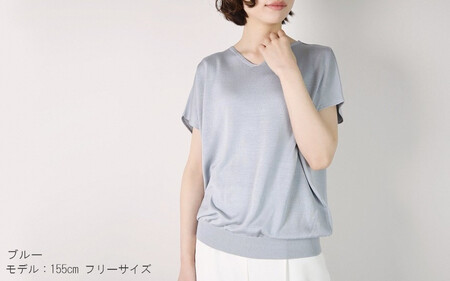 洗える サマーニット シルク100％ Vネック プルオーバー フレンチスリーブ ( ブルー ) レディース フリーサイズ 日本製 | 半袖 ニット ウォッシャブル 春 夏 シンプル 新潟県 五泉市 高