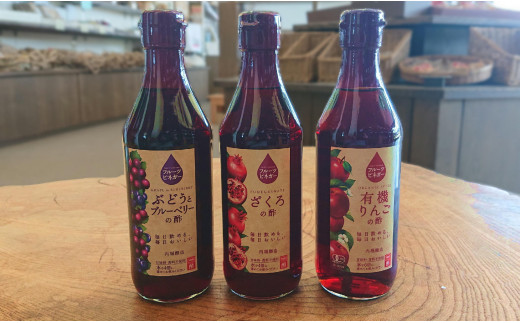 242.フルーツビネガー (酢) 飲み比べセット 360ml 3本 有機りんごの酢 ぶどうとブルーベリーの酢 ざくろの酢 飲む酢 果実酢 りんご酢 ブルーベリー酢