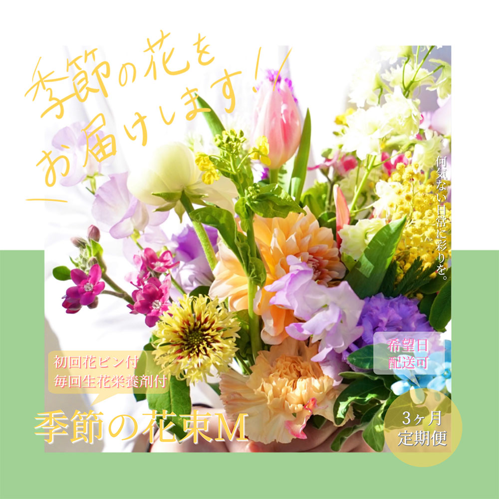 【CF-R5frp】t154tmf　《3ヵ月定期便》生花花束 ブーケ 初回花瓶付M 定期便 定期コース 全3回 初回花瓶付き 延命剤付き 花びん 生花 花束 ブーケ 花 お花 おすすめ 可愛い キレイ おしゃれ 季節のお花 供花 お供え<br>