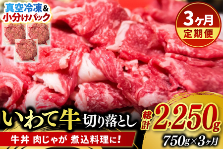 ＼3ヶ月連続 定期便／【9月より順次配送】切り落とし 肉 牛肉 小分け 真空冷凍 いわて牛 750g (総計 2,250g) 岩手県産 和牛 牛肉 黒毛 和牛 切り落とし肉 大容量 肉 すき焼き 肉じゃが 煮込み 煮物 赤身 国産牛 小分け 冷凍 数量限定 (AB104)