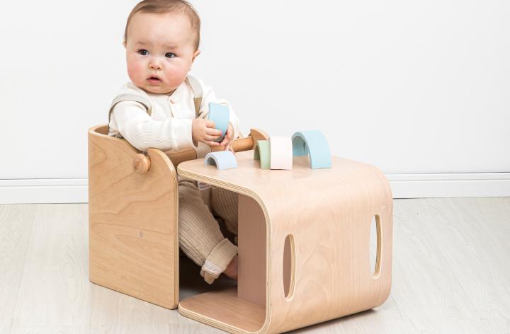 HOPPL（ホップル）　コロコロベビーチェア（ナチュラル）　チェアクッション（ブルー）付き