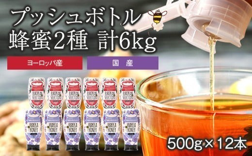 
                  かの蜂 プッシュボトル 蜂蜜 2種 6kg（500g×12本） はちみつ ヨーロピアン 百花 ハチミツ 瓶 非加熱 ハニー お取り寄せ 保存食 福岡県 八女市
                