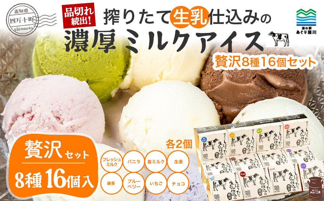 
            搾りたて 生乳 仕込みの 濃厚ミルクアイス （贅沢8種16個セット）Qak-37 アイスクリーム アイス アイスセット バニラアイス いちごアイス イチゴアイス 緑茶アイス 生姜アイス ブルーベリーアイス チョコアイス ミルクアイス ミルク アイス大容量 詰め合わせ 冷凍 人気セット
          