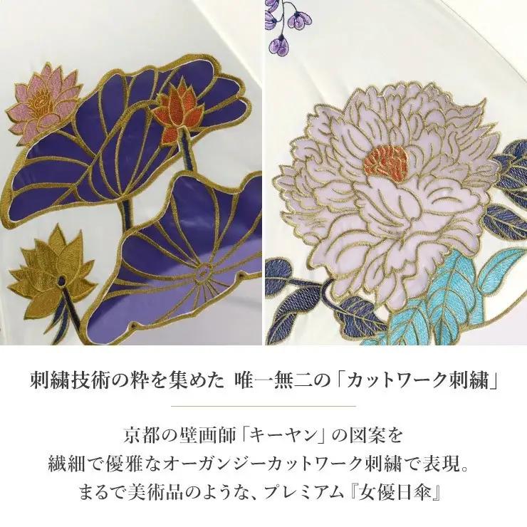 【シノワズリーモダン京都】Ki-yanオーガンジーカットワーク刺繍かわず張り長日傘 蓮花・モカ