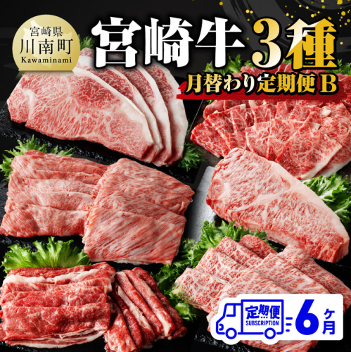 【 6ヶ月定期便 】 宮崎牛 3種 月替わり 定期便B 全6回【 肉 牛肉 国産 宮崎県産 A4～A5等級 宮崎牛 黒毛和牛 和牛 焼肉 しゃぶしゃぶ すきしゃぶ 焼しゃぶ ステーキ 】