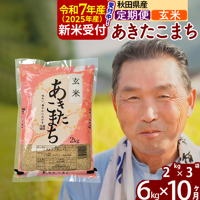 ※令和7年産 新米予約※《定期便10ヶ月》秋田県産 あきたこまち 6kg【玄米】(2kg小分け袋) 2025年産 お届け時期選べる お届け周期調整可能 隔月に調整OK お米 おおもり