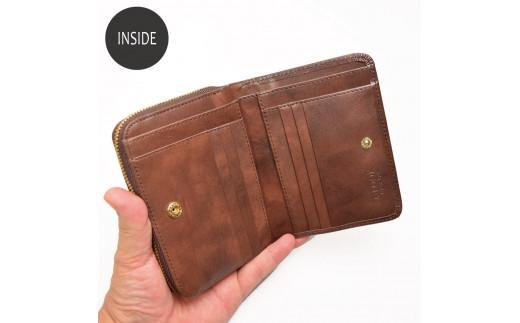 ムラ染めオリーブレザーラウンドファスナー短財布  クロ