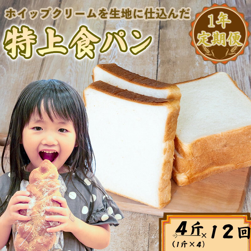 【ふるさと納税】 特上食パン 4斤（1斤×4) 1年定期便 高級食パン 12ヶ月12回 ｜ 食パン高級 型 ふんわり しっとり 冷凍 パンストック 人気 有名 お取り寄せ おすすめ 高知県 須崎市