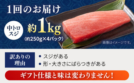【全6回定期便】【訳あり】天然 本まぐろ 中トロスジ柵（1kg）【本まぐろ直売所】[AKAK069]