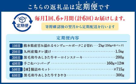 みなまたを満喫！お肉6ヶ月定期便 総量約6.6kg 豚肉 牛肉 鶏肉 こま切れ タレ漬け ステーキ ハンバーグ 腸 詰め合わせ 黒毛和牛 スライス 肉 セット おかず 冷凍 定期便 6回