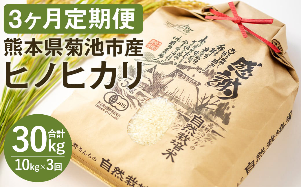 【3ヶ月定期便】熊本県 菊池産 ヒノヒカリ 白米 10kg 通常パッケージ 令和7年産《お申込みの翌月から発送予定》七城物語 高野さんちの自然栽培米 精米 米 お米 自然栽培米 特A 国産 九州産 熊本県産 送料無料
