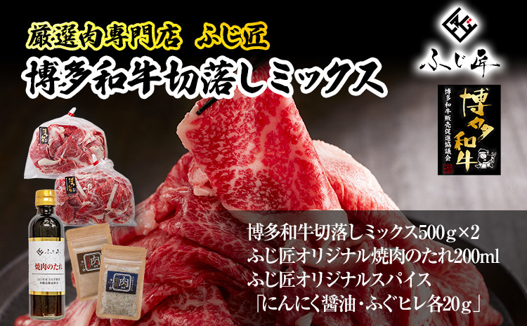 
            【厳選肉専門店 ふじ匠】  博多和牛 博多和牛切落し ミックス（お肉ソムリエ開発焼肉のたれ＆肉専用スパイス2種付）肉 牛肉 博多和牛 もも肉 ウデ肉 タレ 福岡 グルメ 贈り物 冷凍 ギフト 柔らかい
          