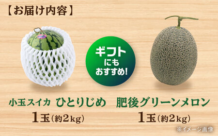 【先行予約】【数量限定】 肥後グリーン メロン 1玉(2kg) ＆ 小玉 すいか 1玉(2kg) ひとりじめ 計4kg【合同会社 福福堂】[AYAC016]