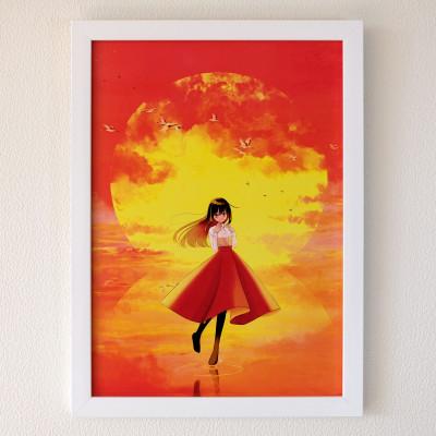 ふるさと納税 釧路町 Mナオキオリジナル デジタル イラスト 夕日に映える「釧路湿原」と「釧路ゆうひちゃん」
