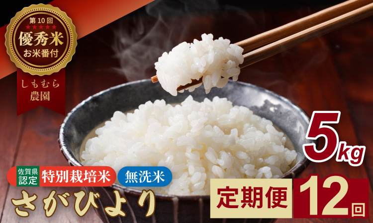 【定期便】連続12回 佐賀県認定 特別栽培米 さがびより 無洗米 5kg（5kg×12）しもむら農園