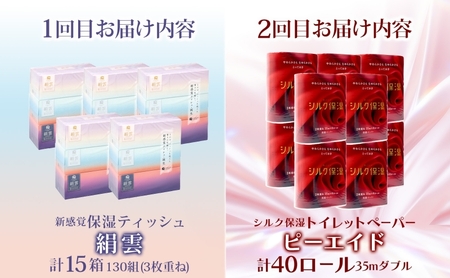 頒布会2回 新保湿ティッシュ 絹雲 ボックスティッシュ 130組( 3枚重ね )×15箱 河野製紙 ピーエイド シルク40ロール やわらかい まとめ買い 備蓄 日用品 常備品 消耗品 大容量 防災 埼