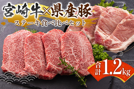 宮崎牛×県産豚 ステーキ食べ比べ セット合計1.2kg【C458】